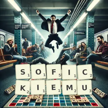 Kreatywna ilustracja do gry w Scrabble ze słowem SOFICKIEMU ułożonym z płytek na planszy.