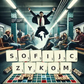 Kreatywna ilustracja do gry w Scrabble ze słowem SOFIJCZYKOM ułożonym z płytek na planszy.