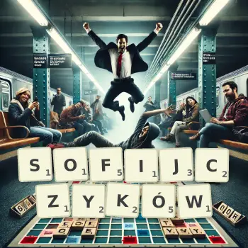 Kreatywna ilustracja do gry w Scrabble ze słowem SOFIJCZYKÓW ułożonym z płytek na planszy.