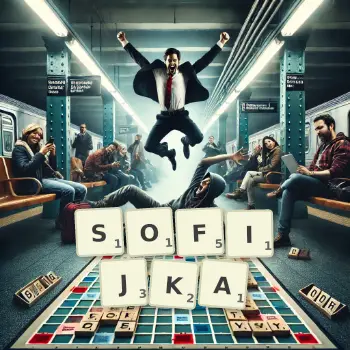 Kreatywna ilustracja do gry w Scrabble ze słowem SOFIJKA ułożonym z płytek na planszy.