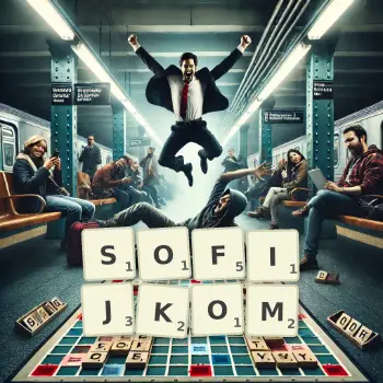Kreatywna ilustracja do gry w Scrabble ze słowem SOFIJKOM ułożonym z płytek na planszy.