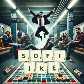 Kreatywna ilustracja do gry w Scrabble ze słowem SOFIJKĘ ułożonym z płytek na planszy.