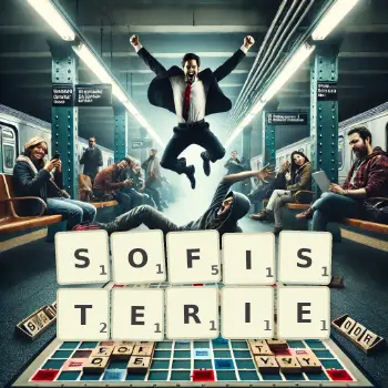 Kreatywna ilustracja do gry w Scrabble ze słowem SOFISTERIE ułożonym z płytek na planszy.