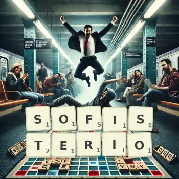 Kreatywna ilustracja do gry w Scrabble ze słowem SOFISTERIO ułożonym z płytek na planszy.