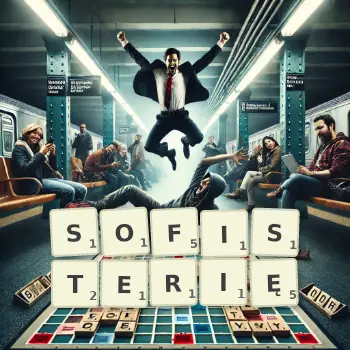 Kreatywna ilustracja do gry w Scrabble ze słowem SOFISTERIĘ ułożonym z płytek na planszy.