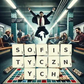 Kreatywna ilustracja do gry w Scrabble ze słowem SOFISTYCZNYCH ułożonym z płytek na planszy.