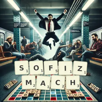 Kreatywna ilustracja do gry w Scrabble ze słowem SOFIZMACH ułożonym z płytek na planszy.
