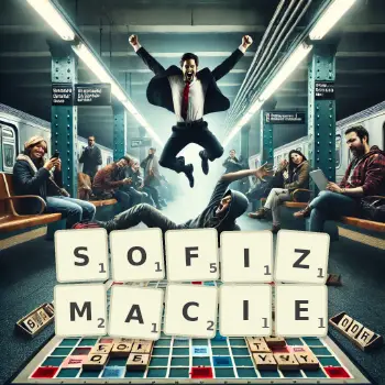 Kreatywna ilustracja do gry w Scrabble ze słowem SOFIZMACIE ułożonym z płytek na planszy.