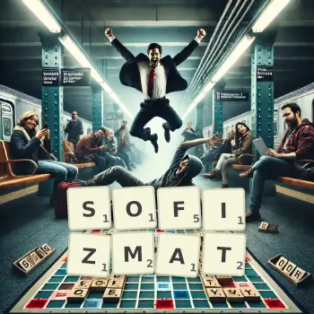Kreatywna ilustracja do gry w Scrabble ze słowem SOFIZMAT ułożonym z płytek na planszy.