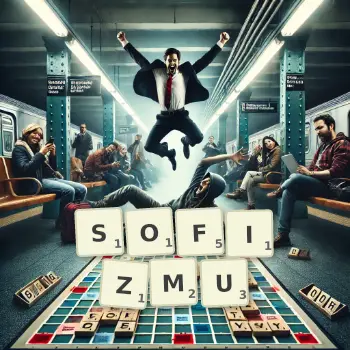 Kreatywna ilustracja do gry w Scrabble ze słowem SOFIZMU ułożonym z płytek na planszy.