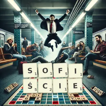 Kreatywna ilustracja do gry w Scrabble ze słowem SOFIŚCIE ułożonym z płytek na planszy.