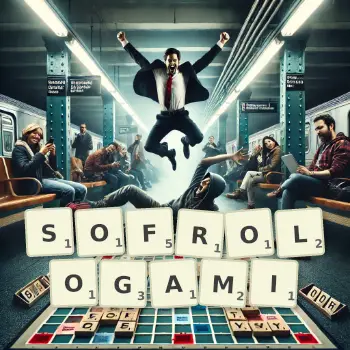 Kreatywna ilustracja do gry w Scrabble ze słowem SOFROLOGAMI ułożonym z płytek na planszy.