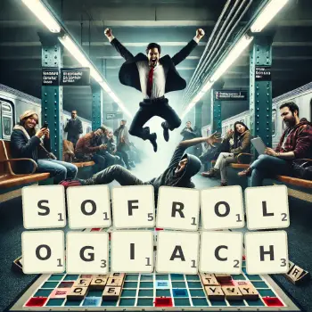 Kreatywna ilustracja do gry w Scrabble ze słowem SOFROLOGIACH ułożonym z płytek na planszy.