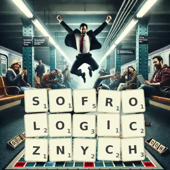 Kreatywna ilustracja do gry w Scrabble ze słowem SOFROLOGICZNYCH ułożonym z płytek na planszy.