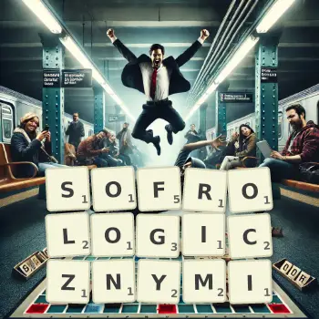 Kreatywna ilustracja do gry w Scrabble ze słowem SOFROLOGICZNYMI ułożonym z płytek na planszy.