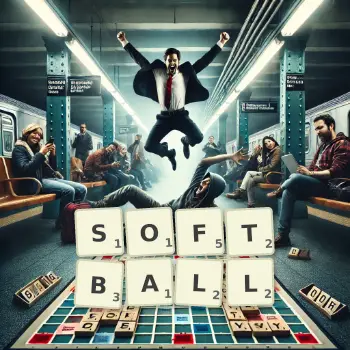 Kreatywna ilustracja do gry w Scrabble ze słowem SOFTBALL ułożonym z płytek na planszy.