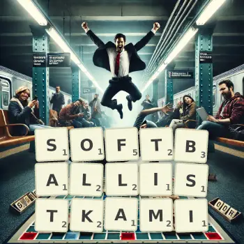 Kreatywna ilustracja do gry w Scrabble ze słowem SOFTBALLISTKAMI ułożonym z płytek na planszy.