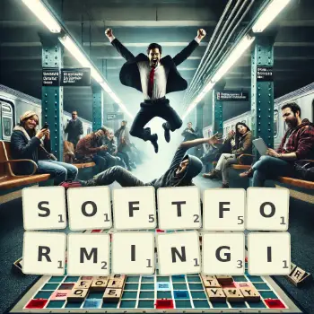 Kreatywna ilustracja do gry w Scrabble ze słowem SOFTFORMINGI ułożonym z płytek na planszy.