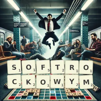 Kreatywna ilustracja do gry w Scrabble ze słowem SOFTROCKOWYM ułożonym z płytek na planszy.