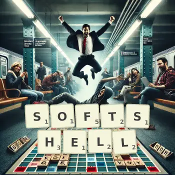 Kreatywna ilustracja do gry w Scrabble ze słowem SOFTSHELL ułożonym z płytek na planszy.