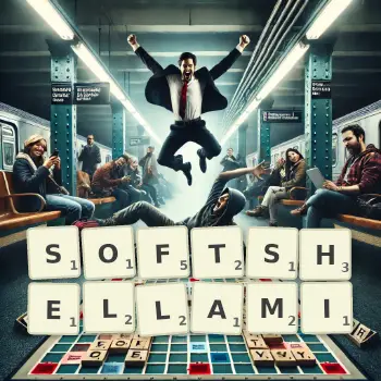 Kreatywna ilustracja do gry w Scrabble ze słowem SOFTSHELLAMI ułożonym z płytek na planszy.