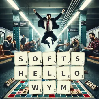 Kreatywna ilustracja do gry w Scrabble ze słowem SOFTSHELLOWYM ułożonym z płytek na planszy.