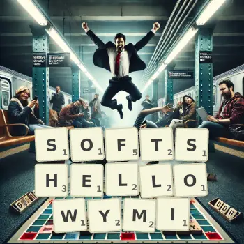 Kreatywna ilustracja do gry w Scrabble ze słowem SOFTSHELLOWYMI ułożonym z płytek na planszy.