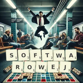 Kreatywna ilustracja do gry w Scrabble ze słowem SOFTWAROWEJ ułożonym z płytek na planszy.