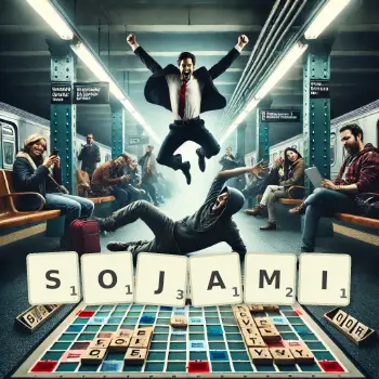 Kreatywna ilustracja do gry w Scrabble ze słowem SOJAMI ułożonym z płytek na planszy.