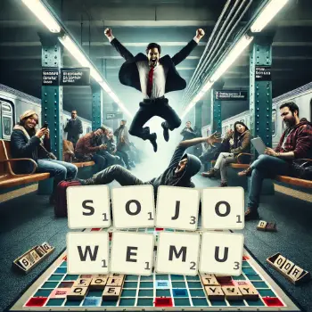 Kreatywna ilustracja do gry w Scrabble ze słowem SOJOWEMU ułożonym z płytek na planszy.