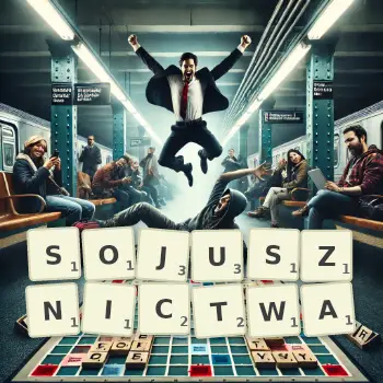 Kreatywna ilustracja do gry w Scrabble ze słowem SOJUSZNICTWA ułożonym z płytek na planszy.