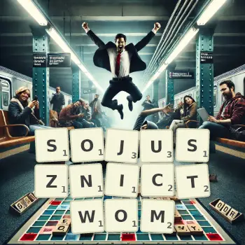 Kreatywna ilustracja do gry w Scrabble ze słowem SOJUSZNICTWOM ułożonym z płytek na planszy.