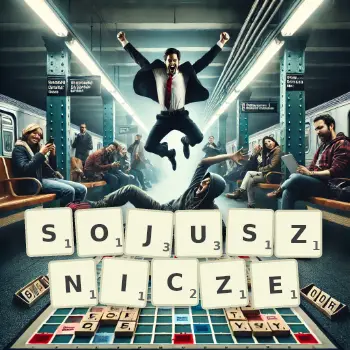 Kreatywna ilustracja do gry w Scrabble ze słowem SOJUSZNICZE ułożonym z płytek na planszy.