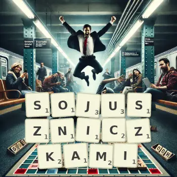 Kreatywna ilustracja do gry w Scrabble ze słowem SOJUSZNICZKAMI ułożonym z płytek na planszy.