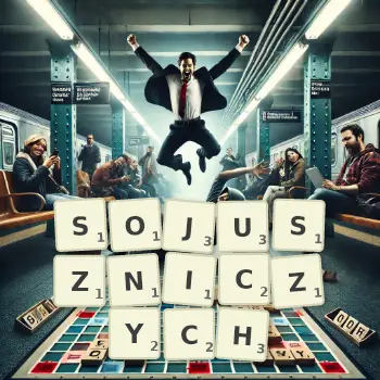 Kreatywna ilustracja do gry w Scrabble ze słowem SOJUSZNICZYCH ułożonym z płytek na planszy.