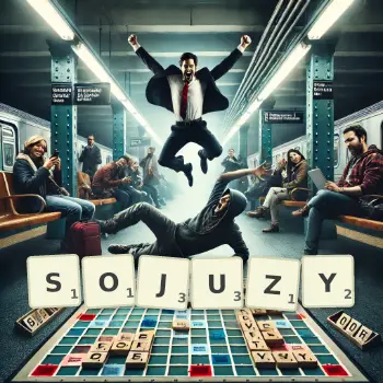 Kreatywna ilustracja do gry w Scrabble ze słowem SOJUZY ułożonym z płytek na planszy.