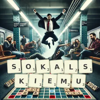 Kreatywna ilustracja do gry w Scrabble ze słowem SOKALSKIEMU ułożonym z płytek na planszy.