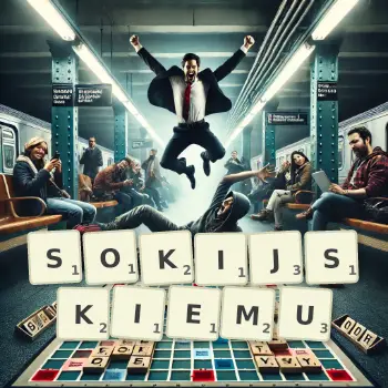 Kreatywna ilustracja do gry w Scrabble ze słowem SOKIJSKIEMU ułożonym z płytek na planszy.