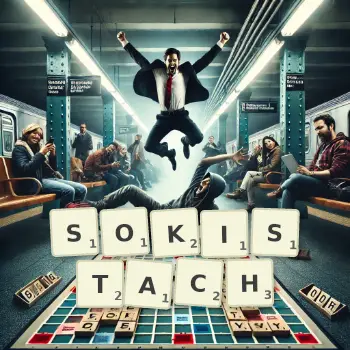 Kreatywna ilustracja do gry w Scrabble ze słowem SOKISTACH ułożonym z płytek na planszy.