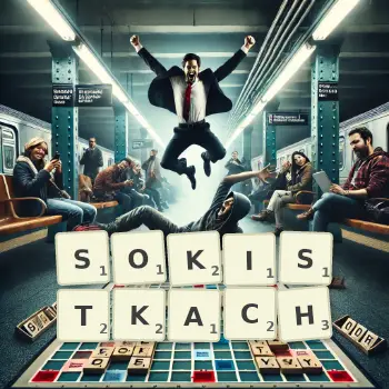 Kreatywna ilustracja do gry w Scrabble ze słowem SOKISTKACH ułożonym z płytek na planszy.