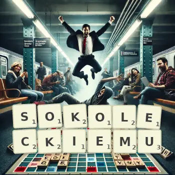 Kreatywna ilustracja do gry w Scrabble ze słowem SOKOLECKIEMU ułożonym z płytek na planszy.