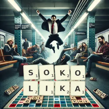 Kreatywna ilustracja do gry w Scrabble ze słowem SOKOLIKA ułożonym z płytek na planszy.