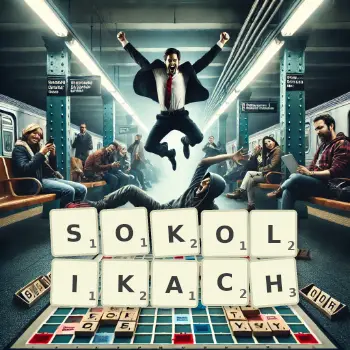 Kreatywna ilustracja do gry w Scrabble ze słowem SOKOLIKACH ułożonym z płytek na planszy.