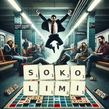 Kreatywna ilustracja do gry w Scrabble ze słowem SOKOLIMI ułożonym z płytek na planszy.