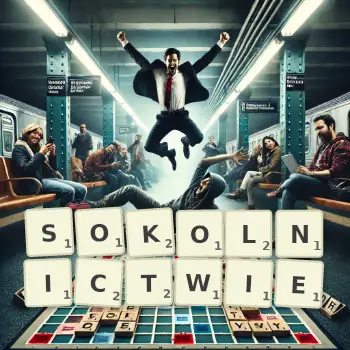 Kreatywna ilustracja do gry w Scrabble ze słowem SOKOLNICTWIE ułożonym z płytek na planszy.