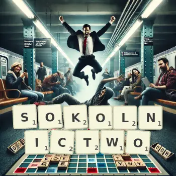 Kreatywna ilustracja do gry w Scrabble ze słowem SOKOLNICTWO ułożonym z płytek na planszy.