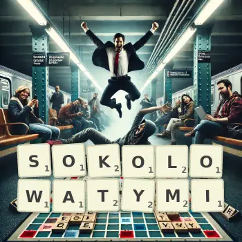 Kreatywna ilustracja do gry w Scrabble ze słowem SOKOLOWATYMI ułożonym z płytek na planszy.