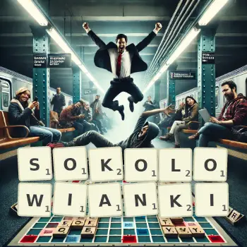 Kreatywna ilustracja do gry w Scrabble ze słowem SOKOLOWIANKI ułożonym z płytek na planszy.