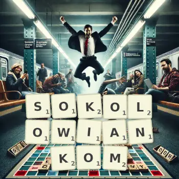 Kreatywna ilustracja do gry w Scrabble ze słowem SOKOLOWIANKOM ułożonym z płytek na planszy.