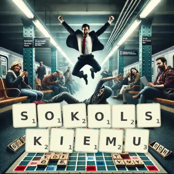Kreatywna ilustracja do gry w Scrabble ze słowem SOKOLSKIEMU ułożonym z płytek na planszy.